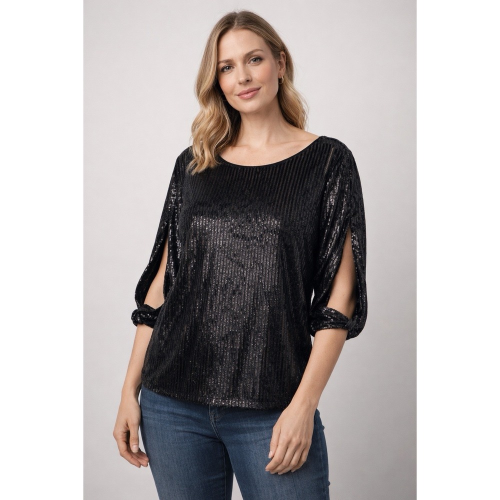 Gibson * Latimer Black Sequin Blouse NWT Size XL Party Sparkle Open Sleeve